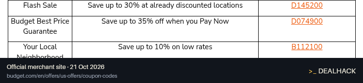 Screenshot of Budget Car Rental's website on Oct 21, 2026 showing the "Save Up to 35% on Pay Now Rentals" offer