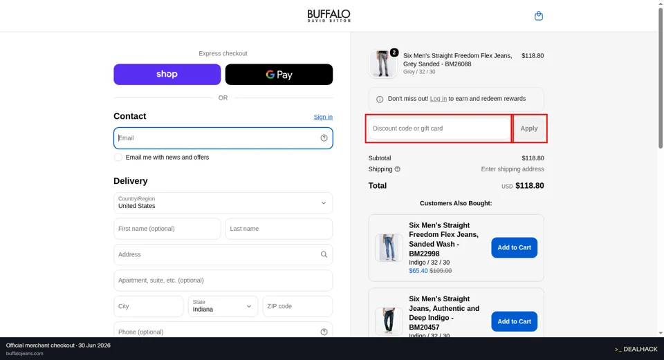 Buffalo Jeans checkout page showing the Discount code or gift card field and Apply button