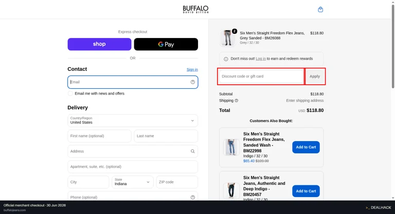 Buffalo Jeans checkout page showing the Discount code or gift card field and Apply button