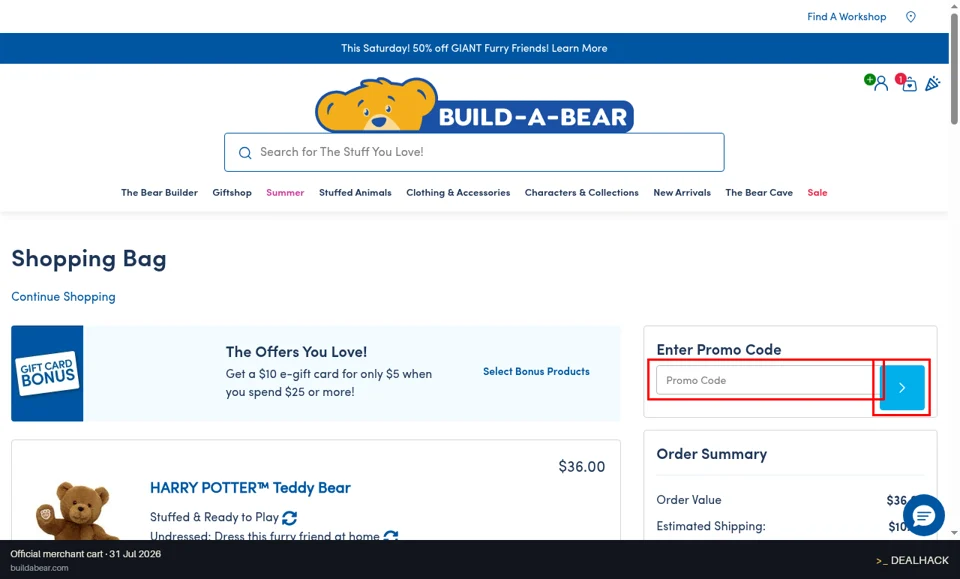 Build-A-Bear checkout page showing the Promo Code field and Apply button