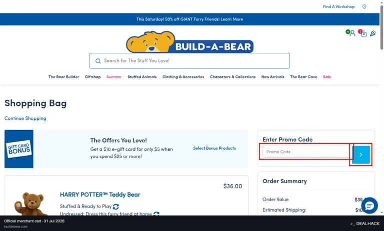 Build-A-Bear checkout page showing the Promo Code field and Apply button