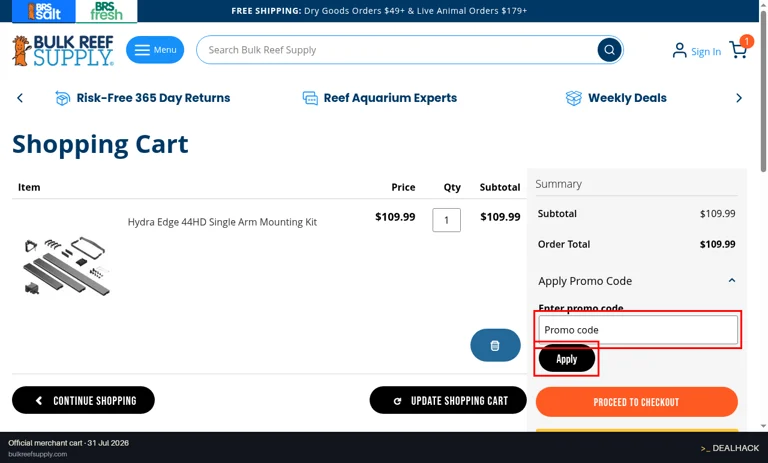 Bulk Reef Supply checkout page showing the Promo code field and Apply button