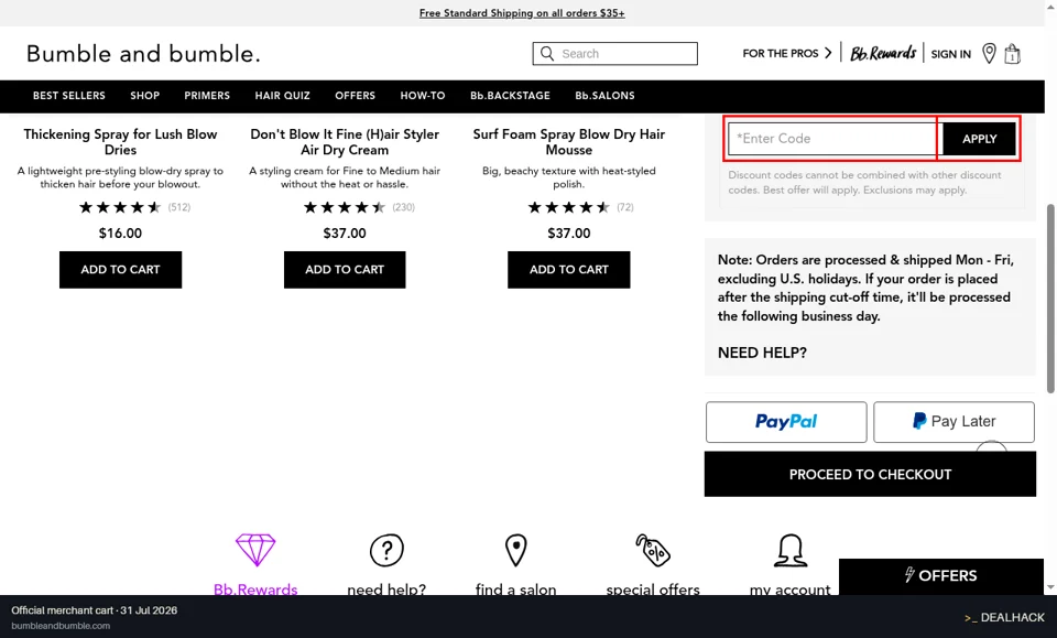 Bumble and Bumble checkout page showing the *Enter Code field and APPLY button