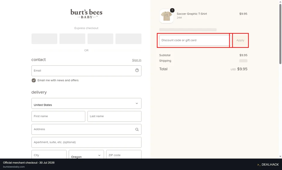 Burt's Bees Baby checkout page showing the Discount code or gift card field and Apply button