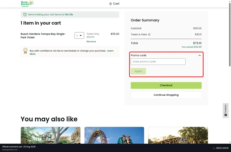 Busch Gardens checkout page showing the Enter promo code field and Apply button