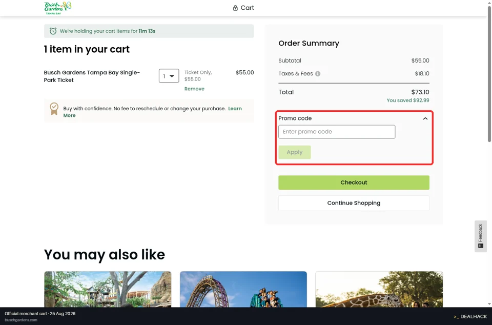 Busch Gardens checkout page showing the Enter promo code field and Apply button