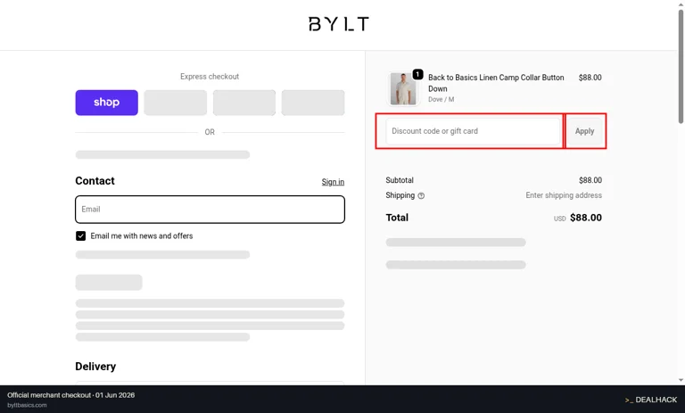 BYLT Basics checkout page showing the Discount code or gift card field and Apply button