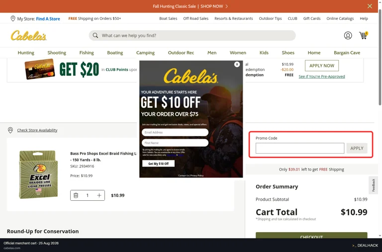Cabela's checkout page showing the Promo Code field and APPLY button