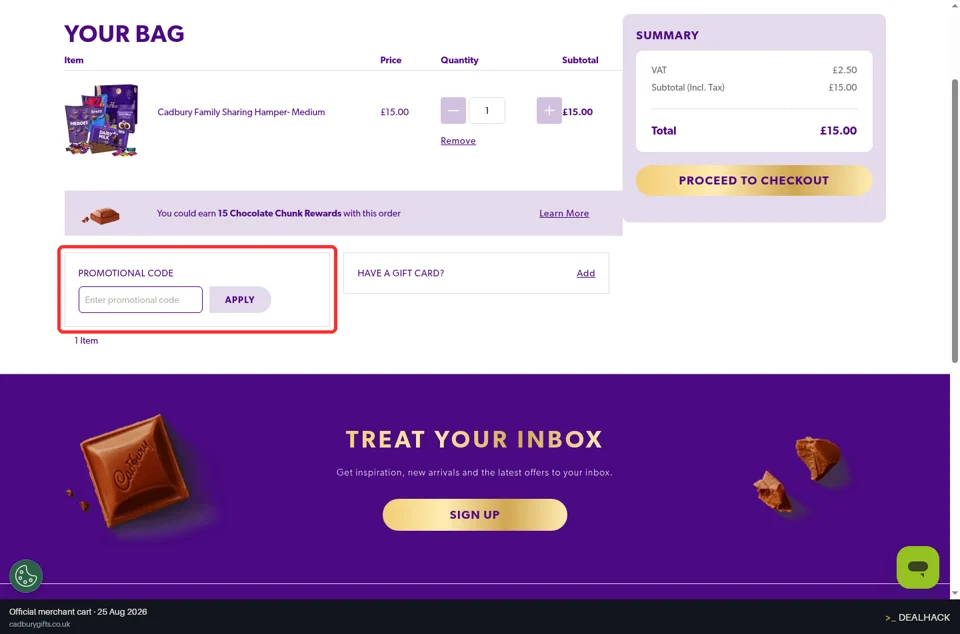 Cadbury Gifts checkout page showing the Enter promotional code field and Apply button