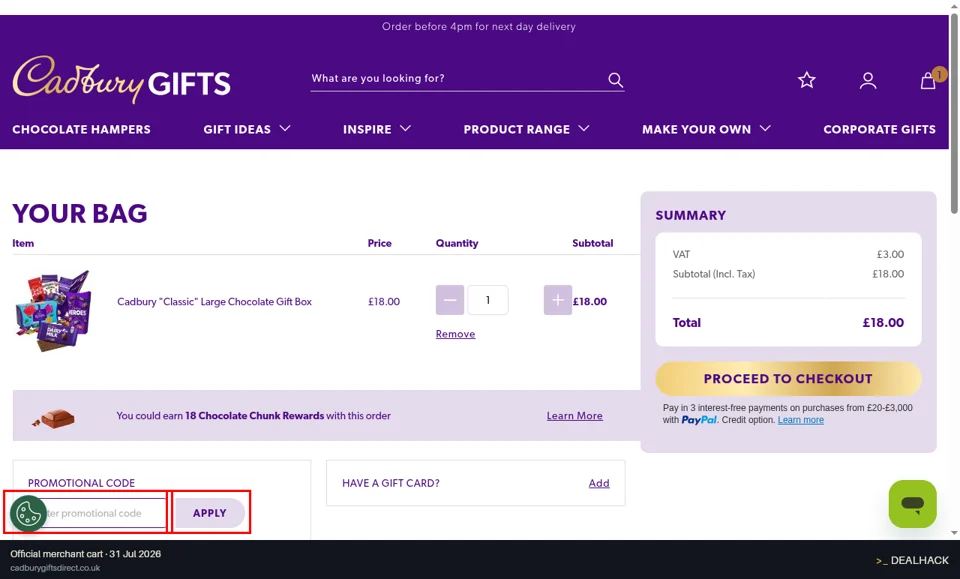 Cadbury Gifts Direct checkout page showing the Enter promotional code field and Apply button