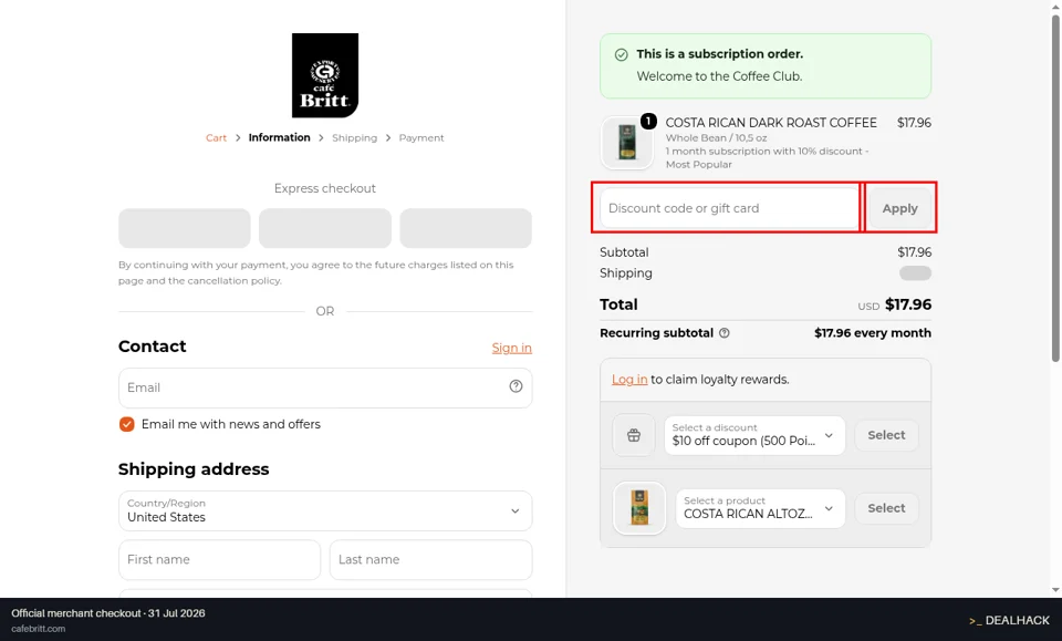 Café Britt checkout page showing the Discount code or gift card field and Apply button