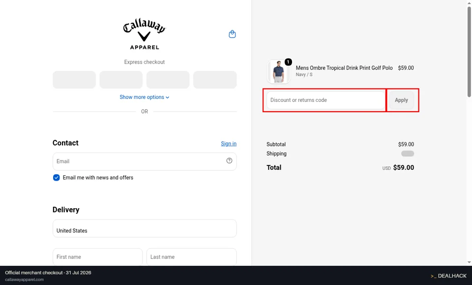 Callaway Apparel checkout page showing the Discount or returns code field and Apply button