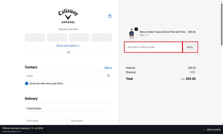 Callaway Apparel checkout page showing the Discount or returns code field and Apply button
