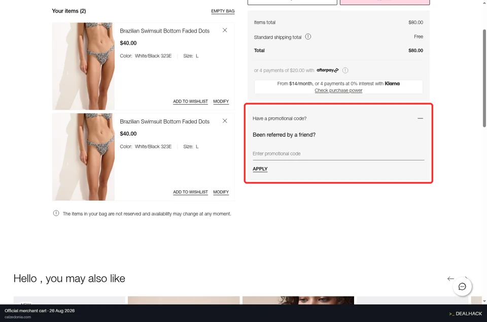 Calzedonia checkout page showing the Enter promotional code field and Apply button
