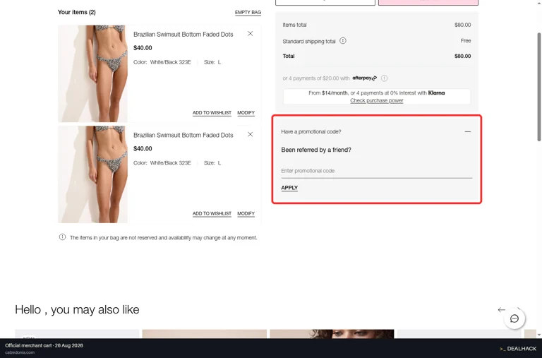 Calzedonia checkout page showing the Enter promotional code field and Apply button