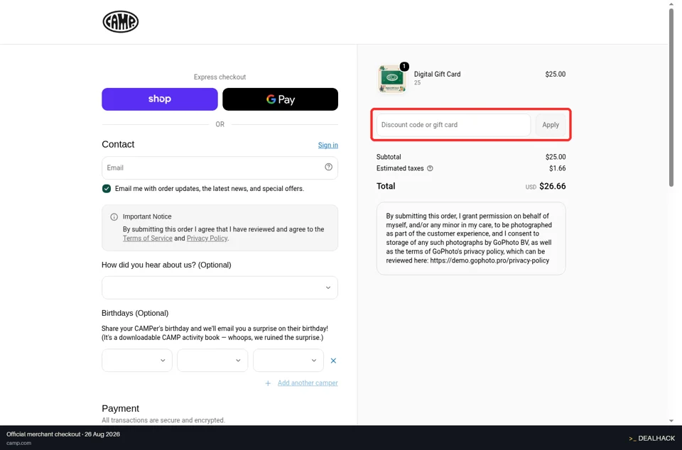 CAMP checkout page showing the Discount code or gift card field and Apply button
