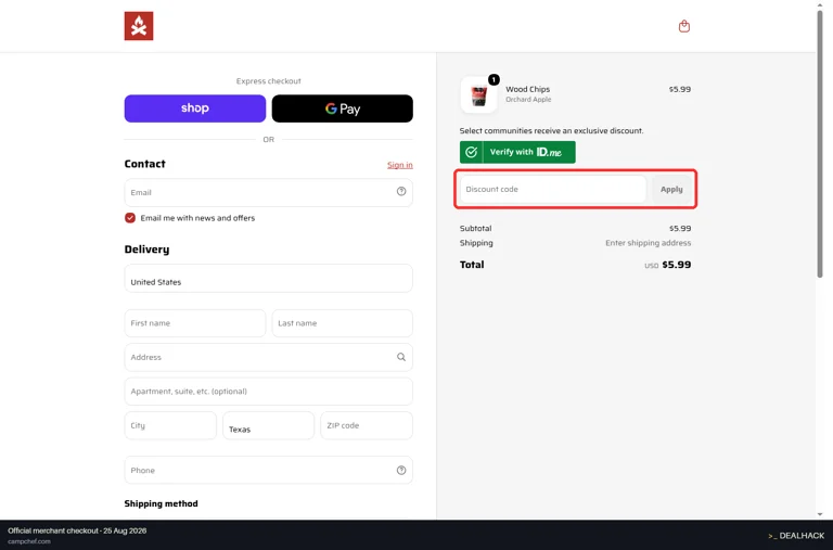 Camp Chef checkout page showing the Discount code field and Apply button