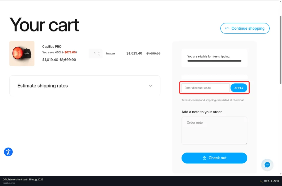 Capillus checkout page showing the Enter discount code field and APPLY button