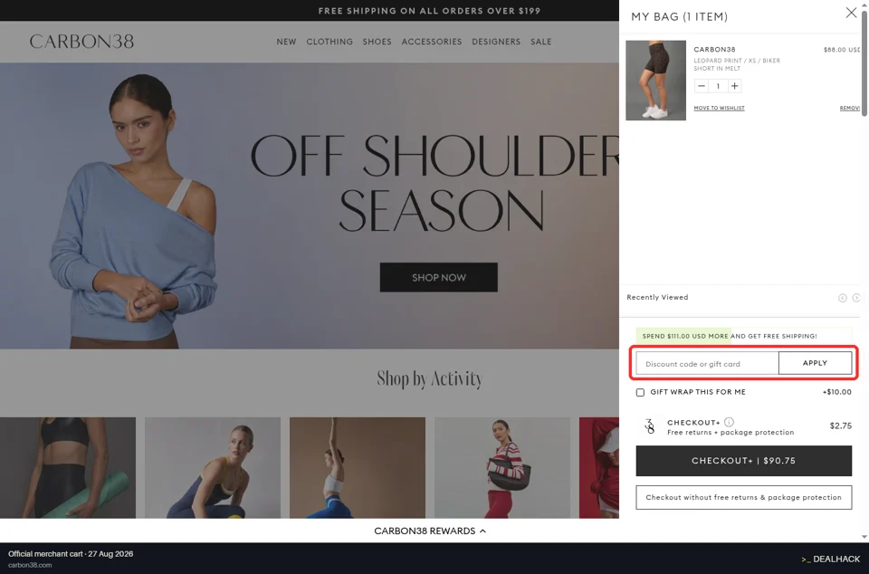 Carbon38 checkout page showing the Discount code or gift card field and Apply button