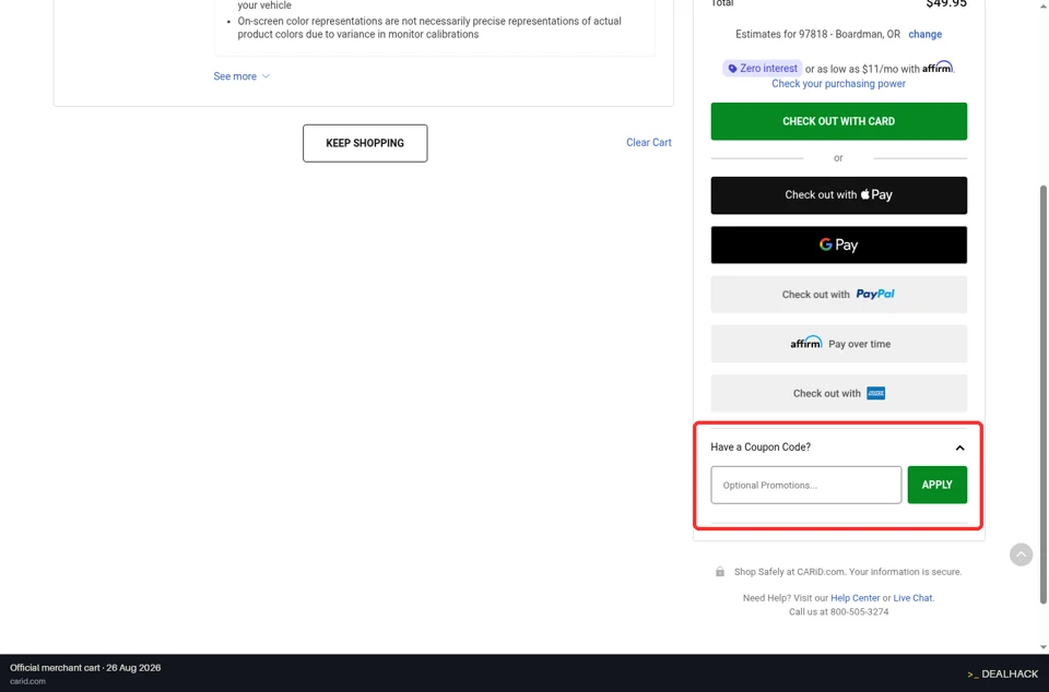 CARiD checkout page showing the Optional Promotions... field and APPLY button
