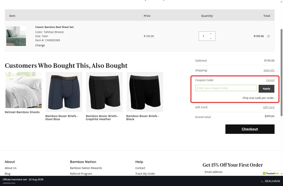 Cariloha checkout page showing the Enter your coupon code field and Apply button