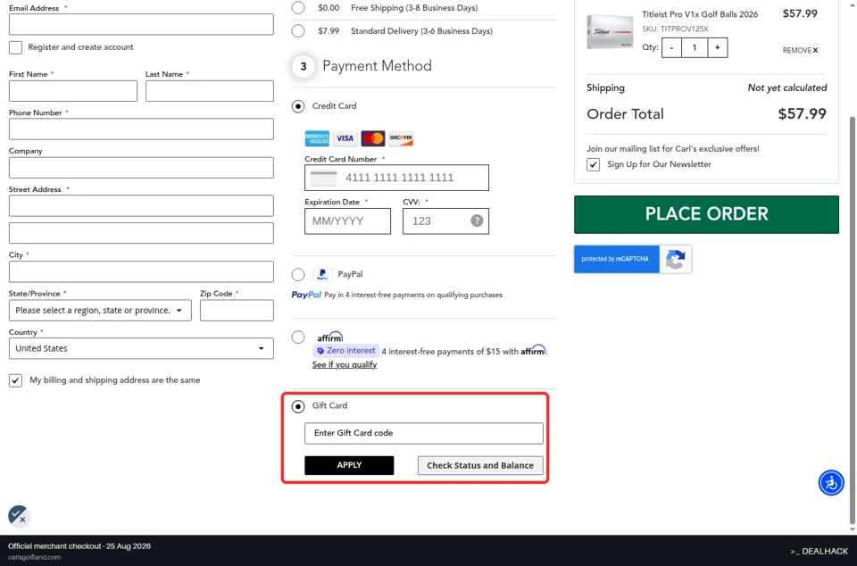 Carl's Golfland checkout page showing the Enter Gift Card code field and Apply button