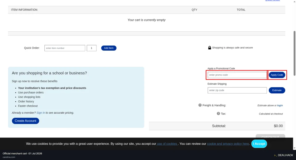 Carolina Biological Supply checkout page showing the Apply a Promotional Code field and Apply button
