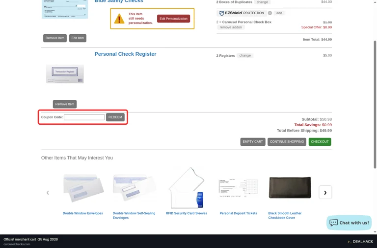 Carousel Checks checkout page showing the Coupon Code: field and REDEEM button
