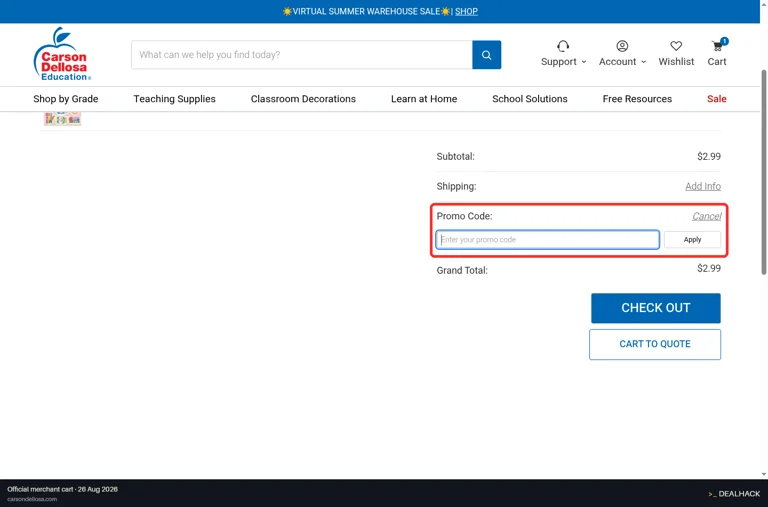 Carson Dellosa Education checkout page showing the Enter your promo code field and Apply button