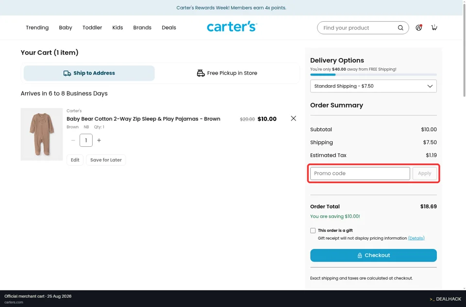 Carter's checkout page showing the Promo code field and Apply button