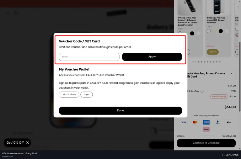 Casetify checkout page showing the Voucher Code / Gift Card field and Apply button
