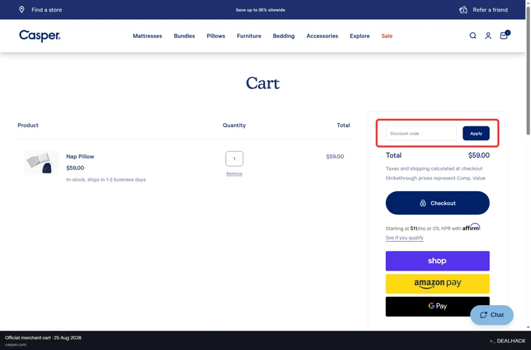 Casper checkout page showing the Discount code field and Apply button