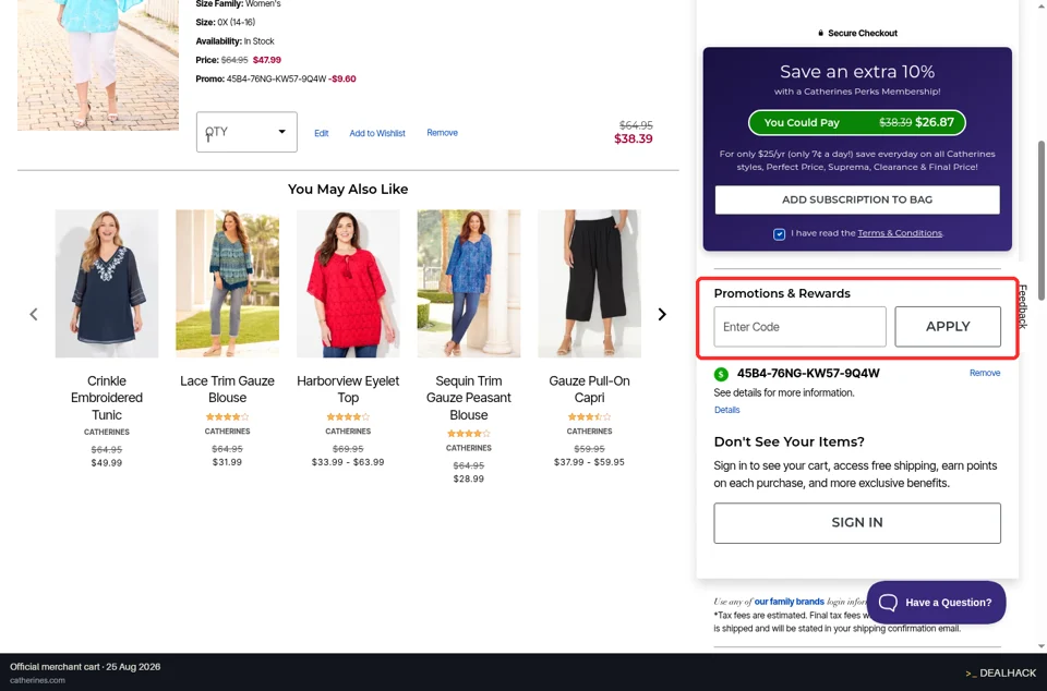 Catherines checkout page showing the Enter Code field and Apply button