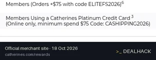Screenshot of Catherines's website on Oct 18, 2026 showing the "Free Standard Shipping on $75+ With FullBeauty Credit Card" offer