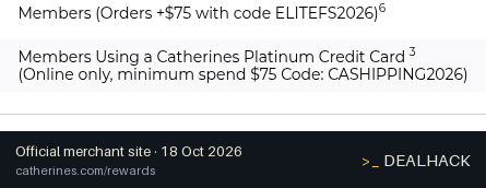 Screenshot of Catherines's website on Oct 18, 2026 showing the "Free Standard Shipping on $75+ With FullBeauty Credit Card" offer