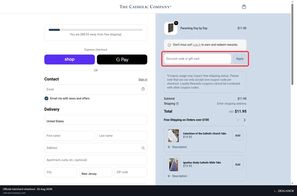 The Catholic Company checkout page showing the Discount code or gift card field and Apply button