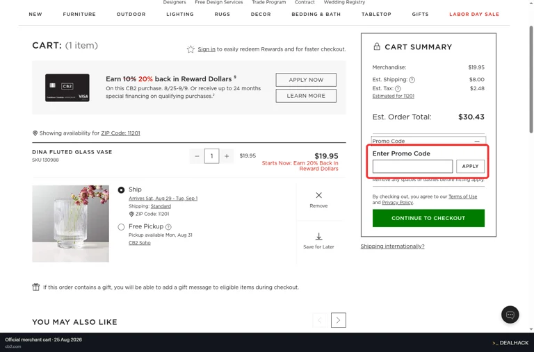 CB2 checkout page showing the Enter Promo Code field and Apply button