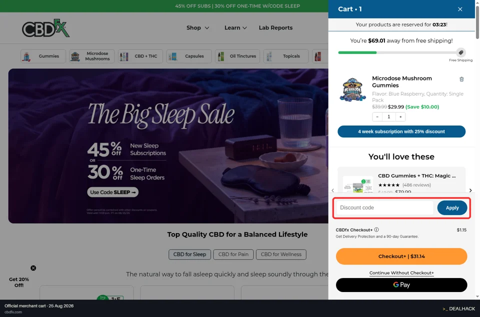 CBDfx checkout page showing the Discount code field and Apply button
