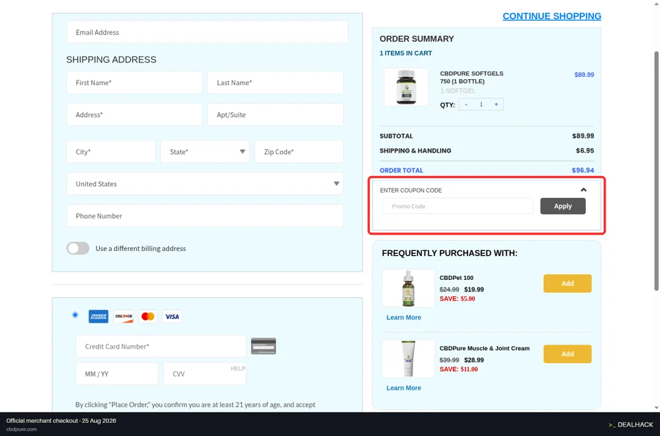 CBD Pure checkout page showing the Promo Code field and Apply button