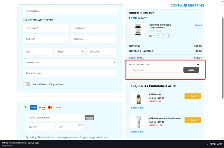 CBD Pure checkout page showing the Promo Code field and Apply button