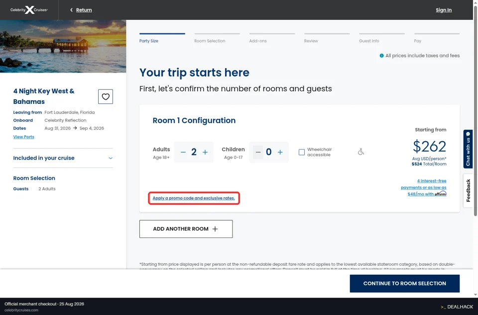 Celebrity Cruises checkout page showing the Enter promo code field and Apply button
