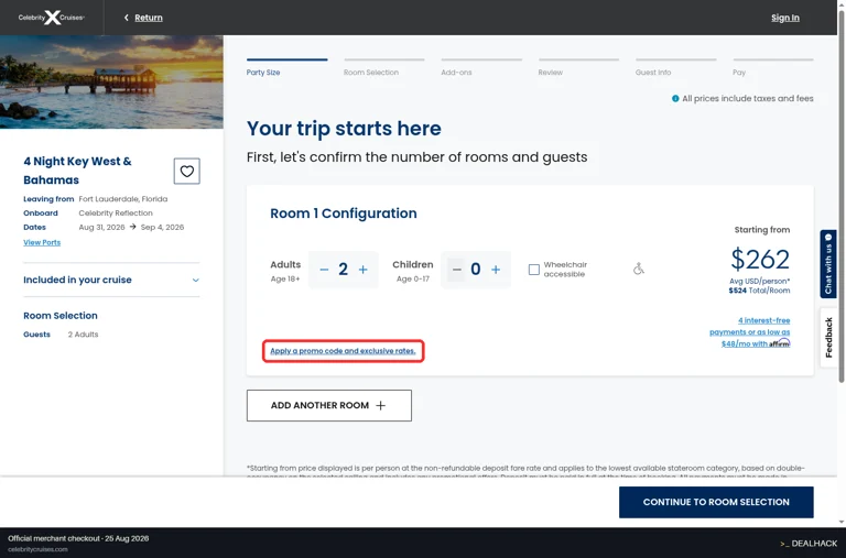 Celebrity Cruises checkout page showing the Enter promo code field and Apply button