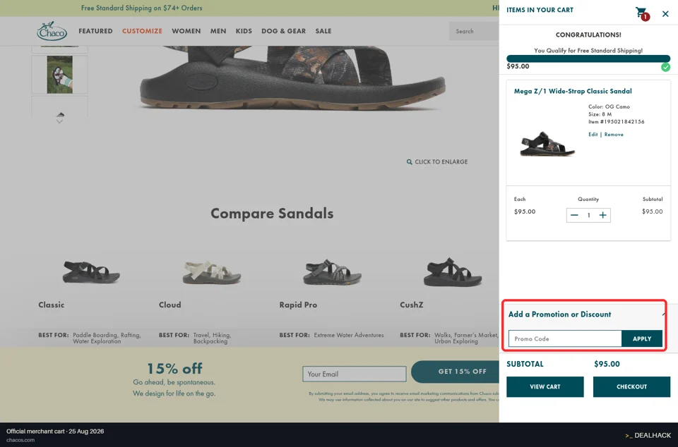 Chaco checkout page showing the Promo Code field and Apply button