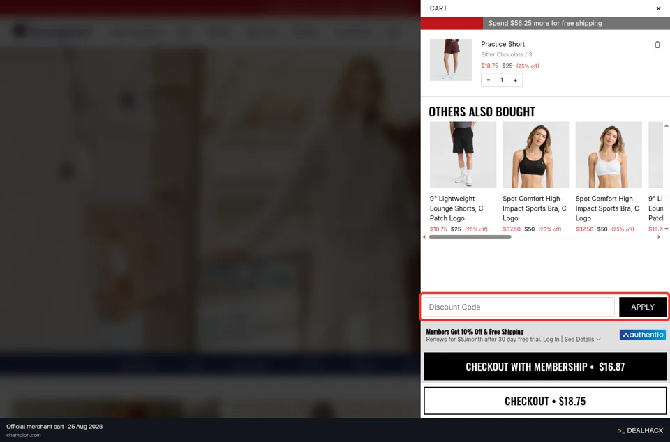 Champion checkout page showing the Discount Code field and Apply button