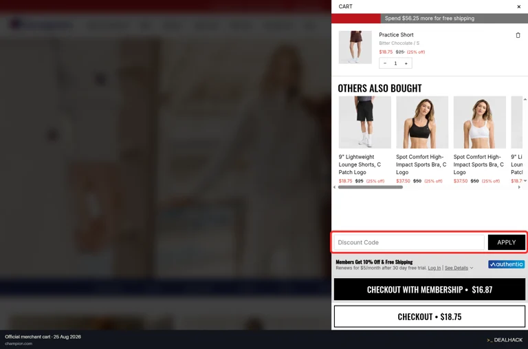 Champion checkout page showing the Discount Code field and Apply button