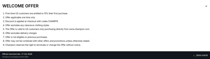 Screenshot of Champion's website on Oct 21, 2026 showing the "Save 15% on Your First Champion Order" offer