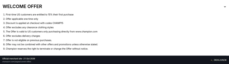 Screenshot of Champion's website on Oct 21, 2026 showing the "Save 15% on Your First Champion Order" offer