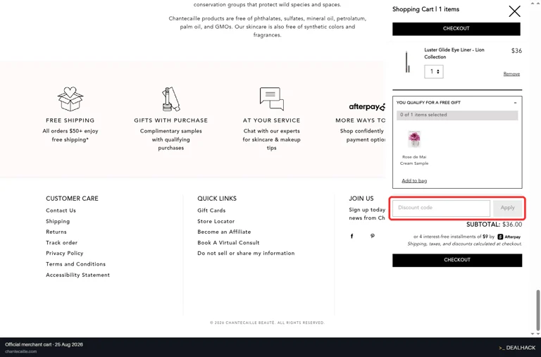 Chantecaille checkout page showing the Discount code field and Apply button
