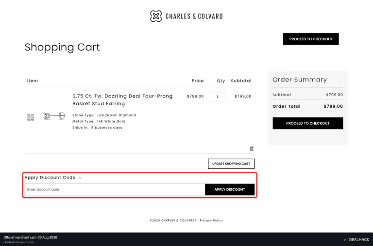 Charles & Colvard checkout page showing the Enter discount code field and Apply Discount button
