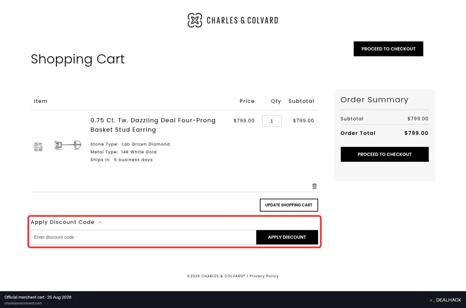 Charles & Colvard checkout page showing the Enter discount code field and Apply Discount button